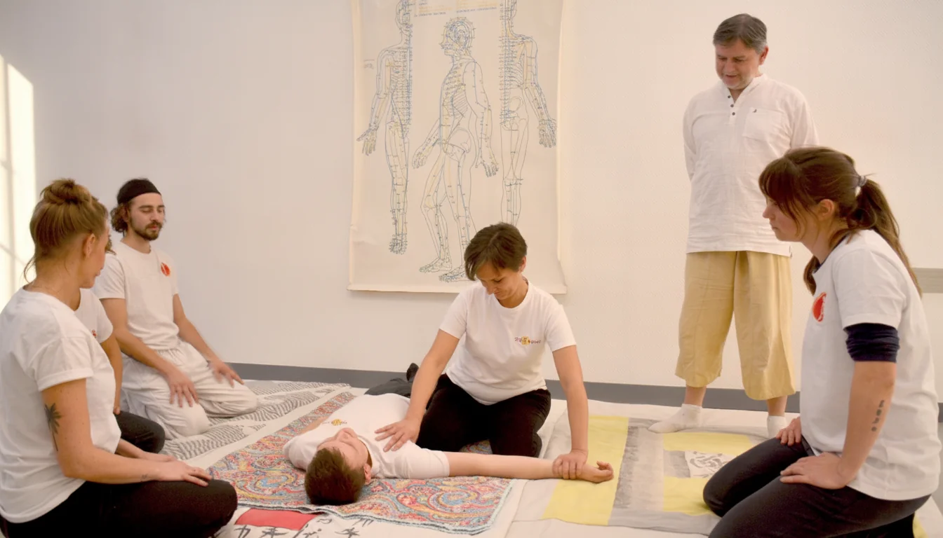 Cours de Shiatsu à l'école Shiatsu Nord : pratique sur futon en petit groupe, supervisée par l'enseignant
