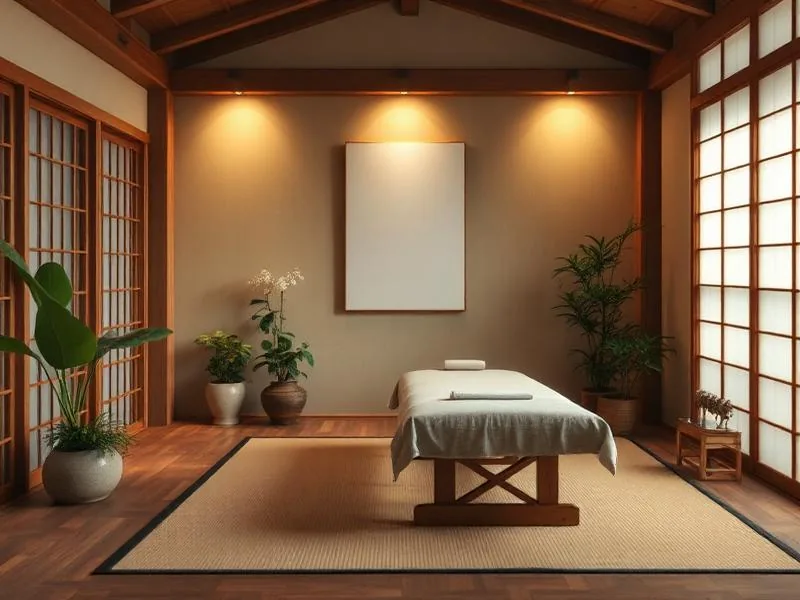 Séance de Shiatsu sur futon, mains du praticien posées sur le dos du receveur